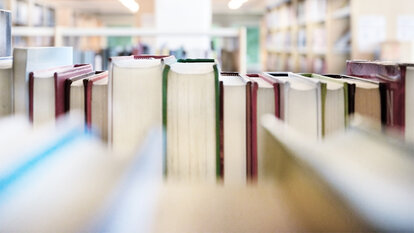 In einer Bibliothek stehen Bücher in einem Regal.