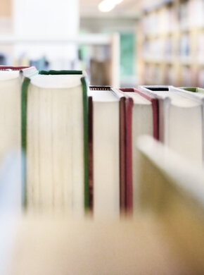 In einer Bibliothek stehen Bücher in einem Regal.